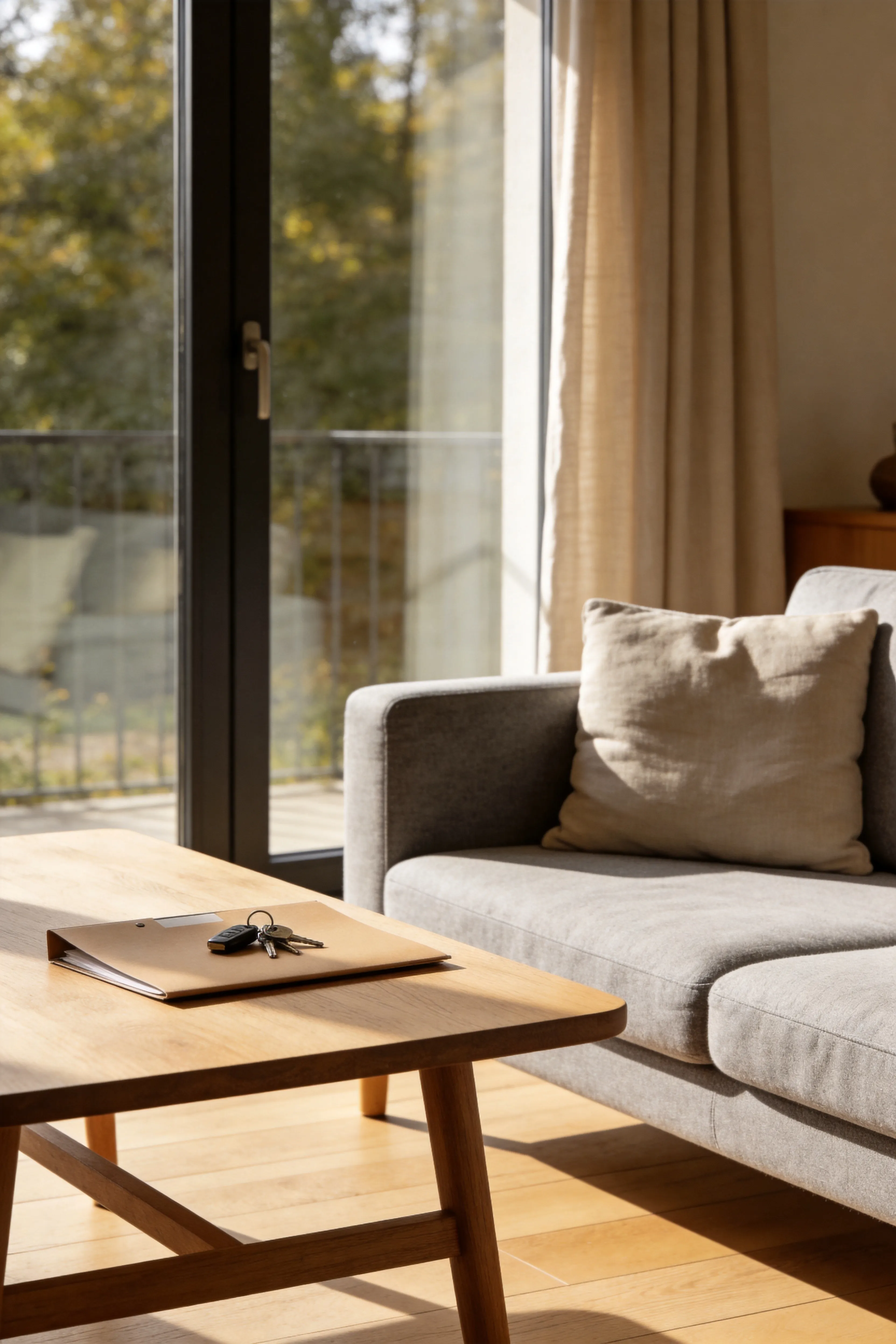 Wohnzimmer mit Holztisch, Schlüsselbund und Mappe im Nachmittagslicht