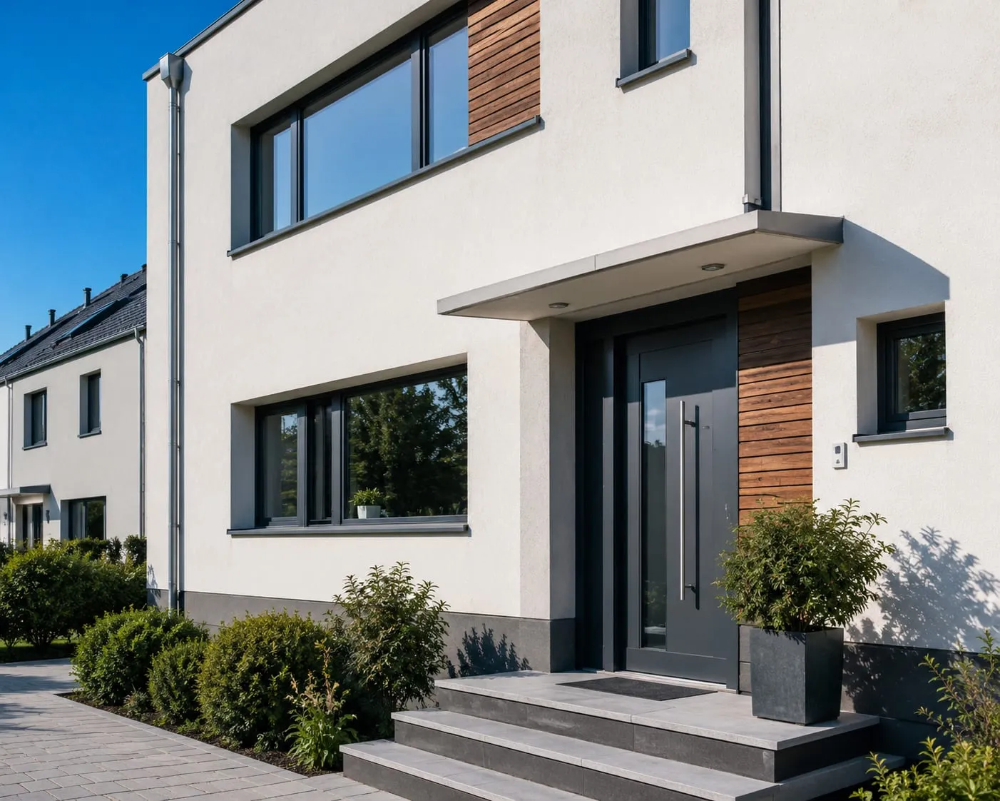 Hauseingang eines modernen Wohnhauses mit Holzverkleidung