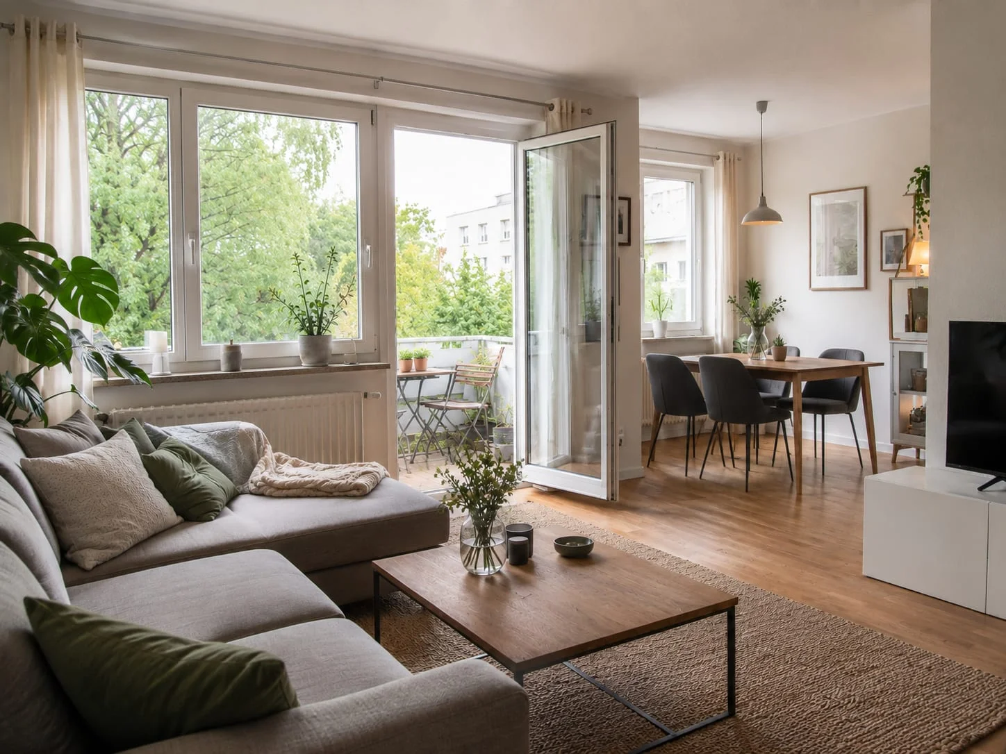 Helles Wohnzimmer mit Sofa, Esstisch und Balkontür