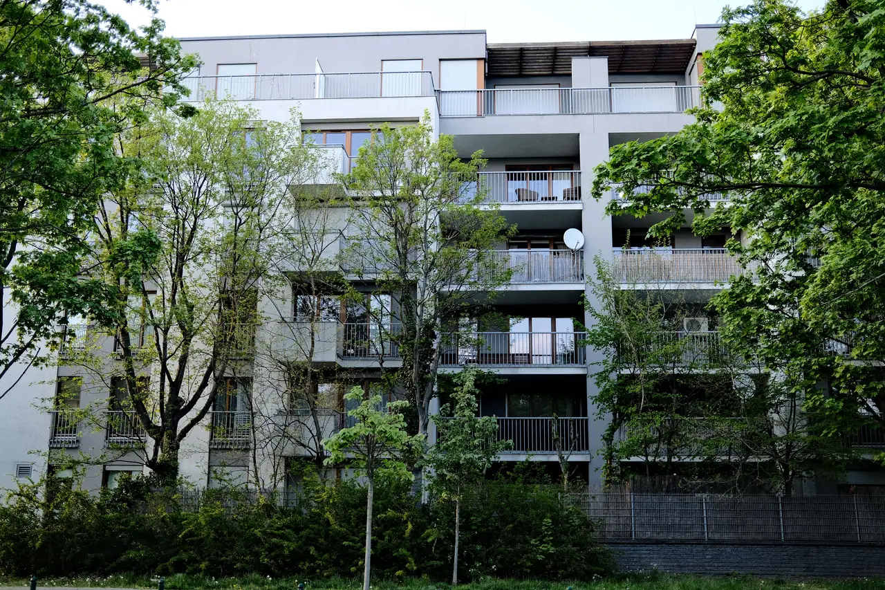 Modernes Mehrfamilienhaus mit Balkonen hinter Bäumen und Sträuchern